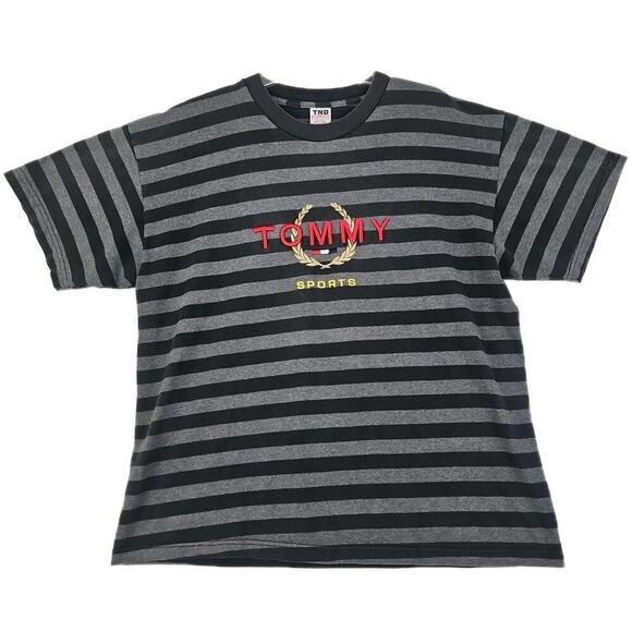 Vintage "Tommy Sports" ~Men's Size XL~ Gray Striped Embroidered Logo T-Shirt. - Picture 1 of 10